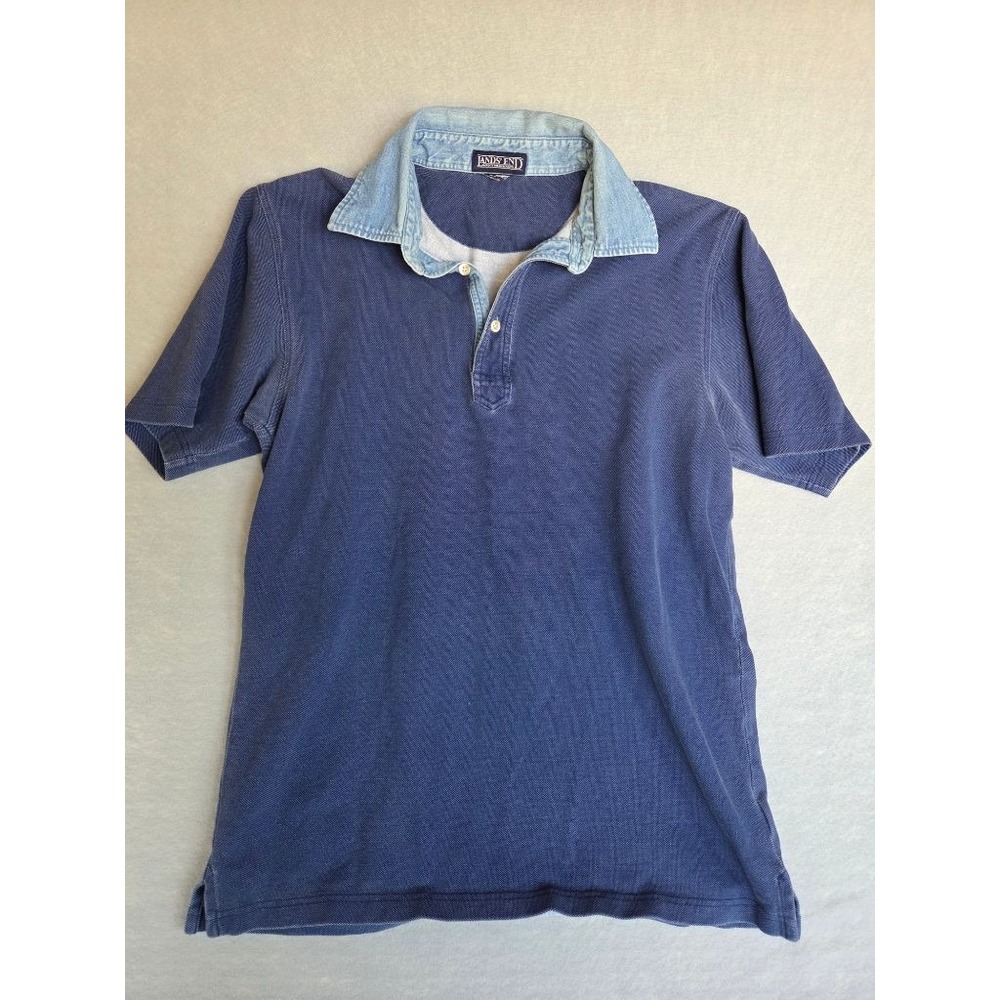 Vintage Lands End Denim Collar Polo Mens M Navy Chambray 90s Preppy Grunge